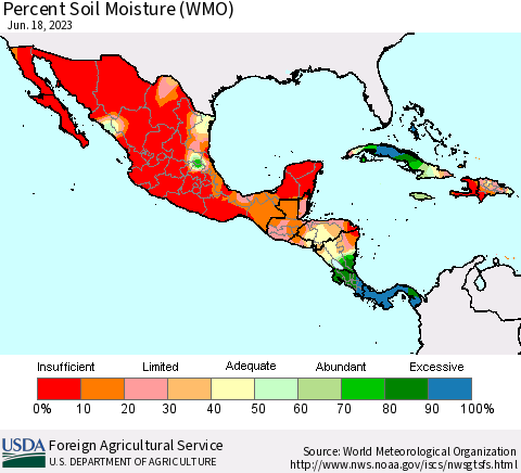 Mexico Central America and the Caribbean Percent Soil Moisture (WMO) Thematic Map For 6/12/2023 - 6/18/2023