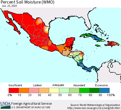 Mexico Central America and the Caribbean Percent Soil Moisture (WMO) Thematic Map For 6/19/2023 - 6/25/2023