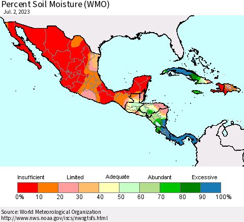 Mexico Central America and the Caribbean Percent Soil Moisture (WMO) Thematic Map For 6/26/2023 - 7/2/2023
