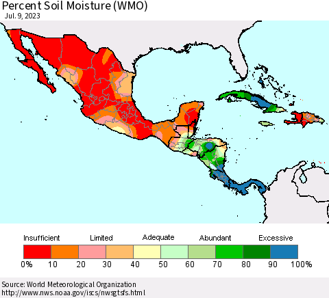 Mexico Central America and the Caribbean Percent Soil Moisture (WMO) Thematic Map For 7/3/2023 - 7/9/2023