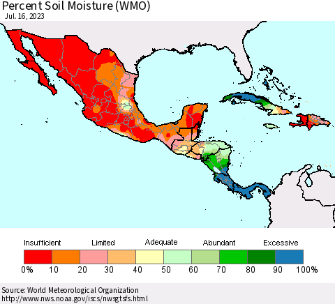 Mexico Central America and the Caribbean Percent Soil Moisture (WMO) Thematic Map For 7/10/2023 - 7/16/2023