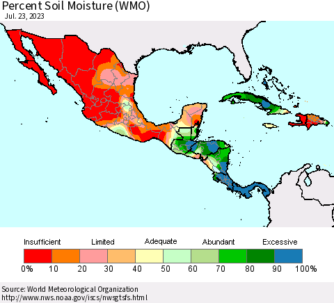 Mexico Central America and the Caribbean Percent Soil Moisture (WMO) Thematic Map For 7/17/2023 - 7/23/2023