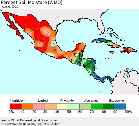 Mexico Central America and the Caribbean Percent Soil Moisture (WMO) Thematic Map For 7/31/2023 - 8/6/2023