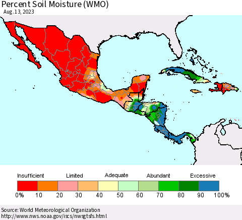 Mexico Central America and the Caribbean Percent Soil Moisture (WMO) Thematic Map For 8/7/2023 - 8/13/2023