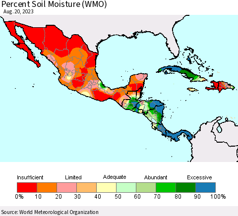 Mexico Central America and the Caribbean Percent Soil Moisture (WMO) Thematic Map For 8/14/2023 - 8/20/2023