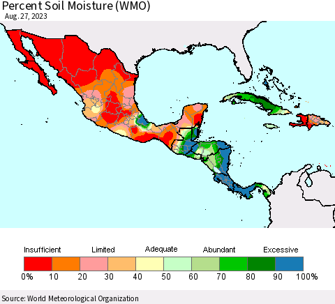Mexico Central America and the Caribbean Percent Soil Moisture (WMO) Thematic Map For 8/21/2023 - 8/27/2023
