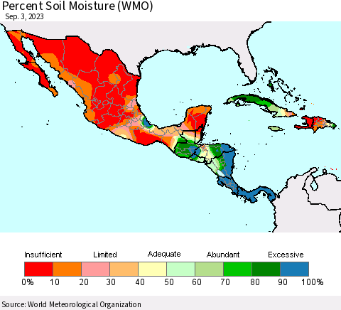 Mexico Central America and the Caribbean Percent Soil Moisture (WMO) Thematic Map For 8/28/2023 - 9/3/2023