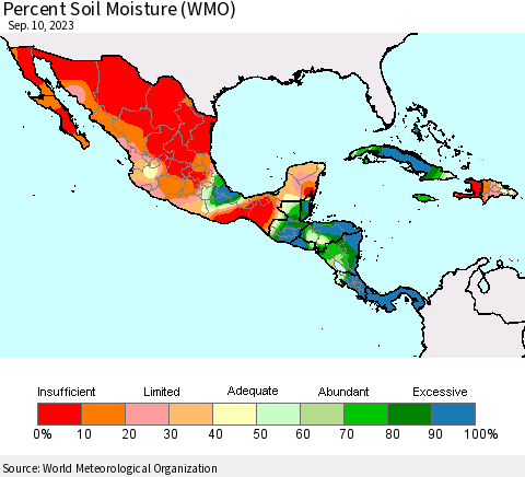 Mexico Central America and the Caribbean Percent Soil Moisture (WMO) Thematic Map For 9/4/2023 - 9/10/2023