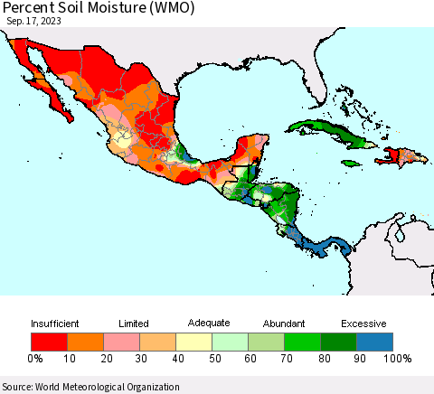 Mexico Central America and the Caribbean Percent Soil Moisture (WMO) Thematic Map For 9/11/2023 - 9/17/2023