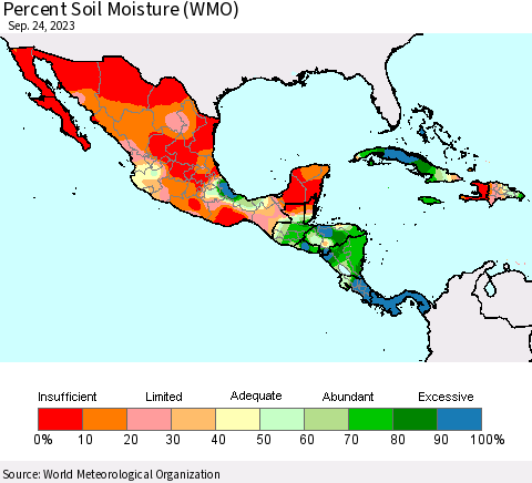 Mexico Central America and the Caribbean Percent Soil Moisture (WMO) Thematic Map For 9/18/2023 - 9/24/2023
