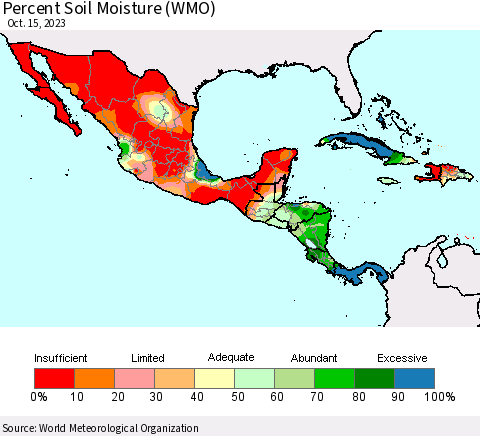 Mexico Central America and the Caribbean Percent Soil Moisture (WMO) Thematic Map For 10/9/2023 - 10/15/2023
