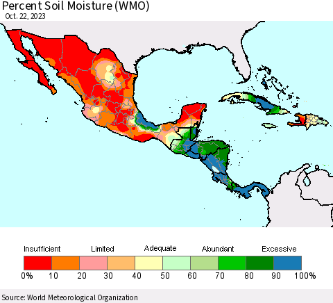 Mexico Central America and the Caribbean Percent Soil Moisture (WMO) Thematic Map For 10/16/2023 - 10/22/2023