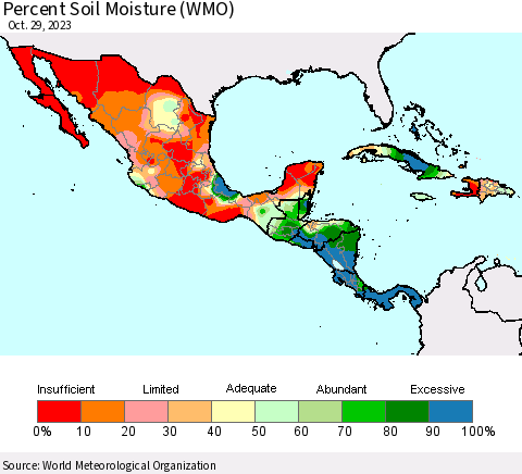 Mexico Central America and the Caribbean Percent Soil Moisture (WMO) Thematic Map For 10/23/2023 - 10/29/2023