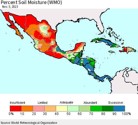 Mexico Central America and the Caribbean Percent Soil Moisture (WMO) Thematic Map For 10/30/2023 - 11/5/2023