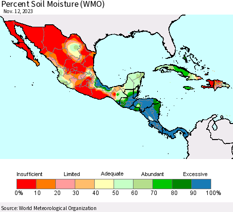 Mexico Central America and the Caribbean Percent Soil Moisture (WMO) Thematic Map For 11/6/2023 - 11/12/2023
