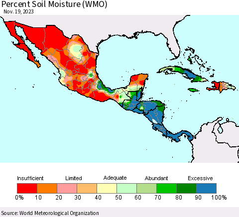 Mexico Central America and the Caribbean Percent Soil Moisture (WMO) Thematic Map For 11/13/2023 - 11/19/2023