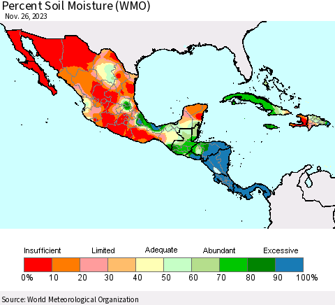 Mexico Central America and the Caribbean Percent Soil Moisture (WMO) Thematic Map For 11/20/2023 - 11/26/2023
