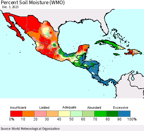 Mexico Central America and the Caribbean Percent Soil Moisture (WMO) Thematic Map For 11/27/2023 - 12/3/2023