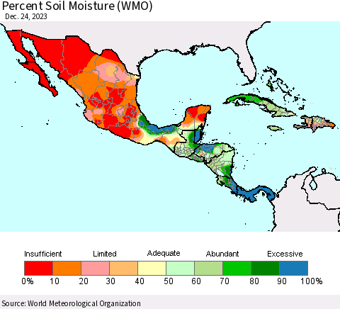 Mexico Central America and the Caribbean Percent Soil Moisture (WMO) Thematic Map For 12/18/2023 - 12/24/2023