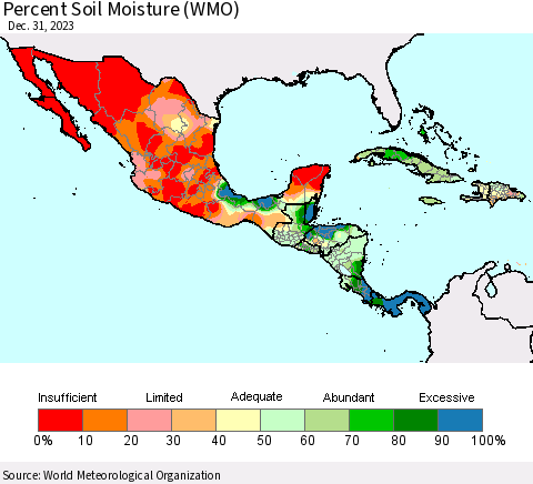 Mexico Central America and the Caribbean Percent Soil Moisture (WMO) Thematic Map For 12/25/2023 - 12/31/2023