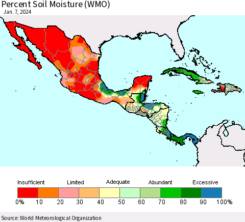 Mexico Central America and the Caribbean Percent Soil Moisture (WMO) Thematic Map For 1/1/2024 - 1/7/2024