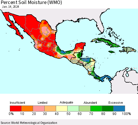 Mexico Central America and the Caribbean Percent Soil Moisture (WMO) Thematic Map For 1/8/2024 - 1/14/2024