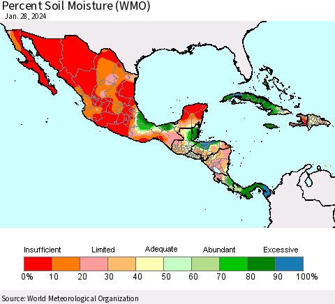 Mexico Central America and the Caribbean Percent Soil Moisture (WMO) Thematic Map For 1/22/2024 - 1/28/2024