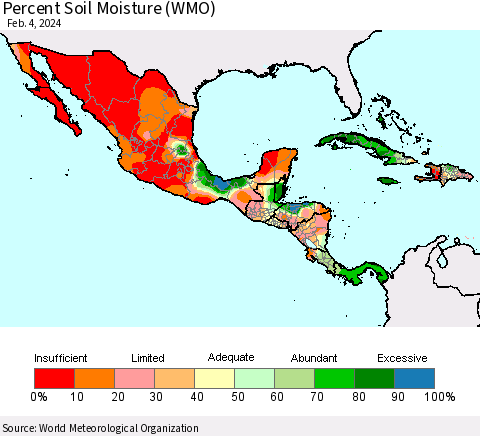Mexico Central America and the Caribbean Percent Soil Moisture (WMO) Thematic Map For 1/29/2024 - 2/4/2024