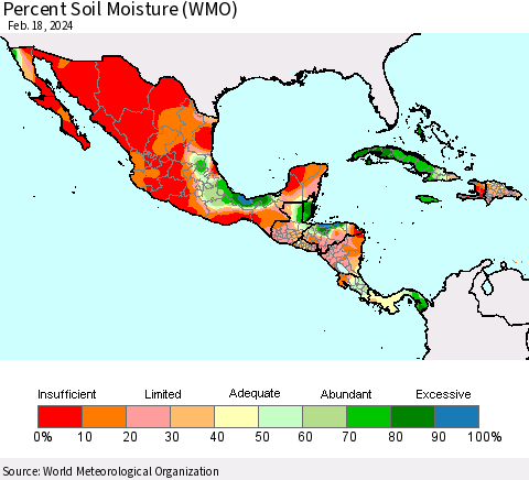 Mexico Central America and the Caribbean Percent Soil Moisture (WMO) Thematic Map For 2/12/2024 - 2/18/2024