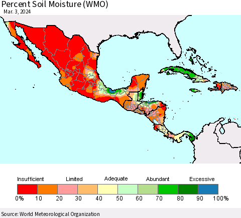 Mexico Central America and the Caribbean Percent Soil Moisture (WMO) Thematic Map For 2/26/2024 - 3/3/2024
