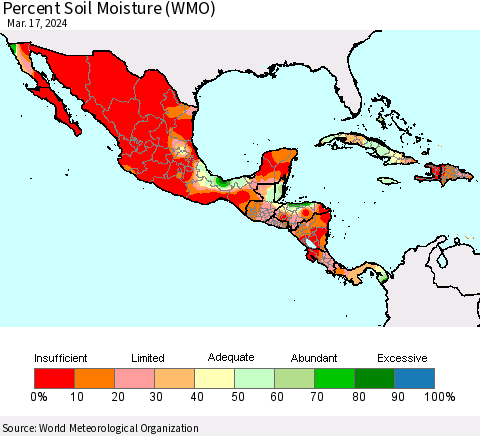Mexico Central America and the Caribbean Percent Soil Moisture (WMO) Thematic Map For 3/11/2024 - 3/17/2024