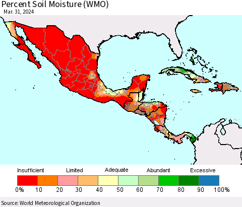 Mexico Central America and the Caribbean Percent Soil Moisture (WMO) Thematic Map For 3/25/2024 - 3/31/2024