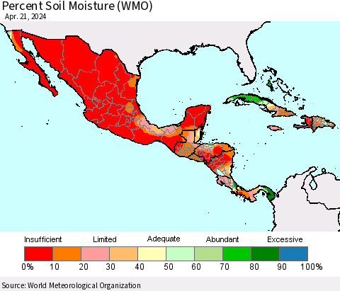 Mexico Central America and the Caribbean Percent Soil Moisture (WMO) Thematic Map For 4/15/2024 - 4/21/2024