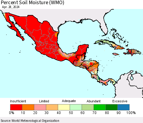 Mexico Central America and the Caribbean Percent Soil Moisture (WMO) Thematic Map For 4/22/2024 - 4/28/2024