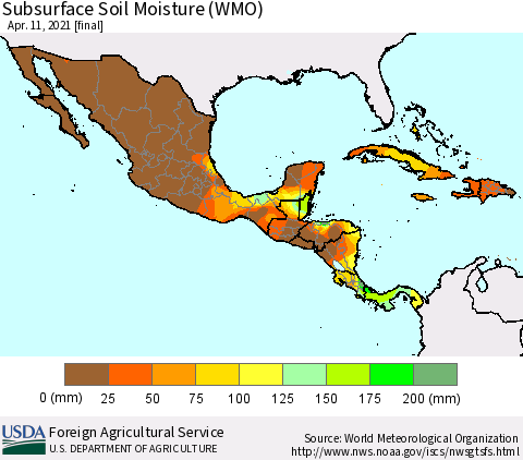 Mexico Central America and the Caribbean Subsurface Soil Moisture (WMO) Thematic Map For 4/5/2021 - 4/11/2021