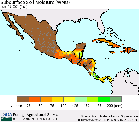 Mexico Central America and the Caribbean Subsurface Soil Moisture (WMO) Thematic Map For 4/12/2021 - 4/18/2021