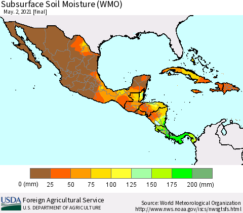 Mexico Central America and the Caribbean Subsurface Soil Moisture (WMO) Thematic Map For 4/26/2021 - 5/2/2021