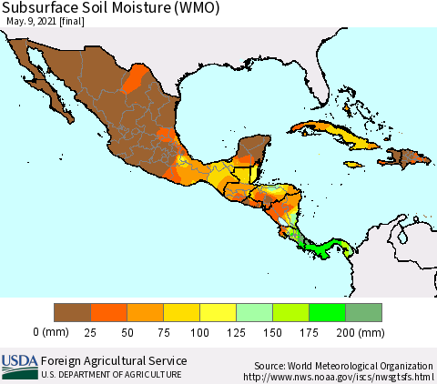 Mexico Central America and the Caribbean Subsurface Soil Moisture (WMO) Thematic Map For 5/3/2021 - 5/9/2021