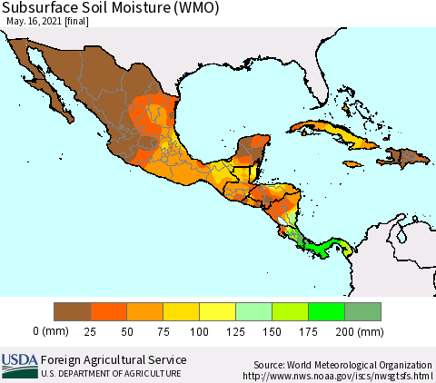 Mexico Central America and the Caribbean Subsurface Soil Moisture (WMO) Thematic Map For 5/10/2021 - 5/16/2021