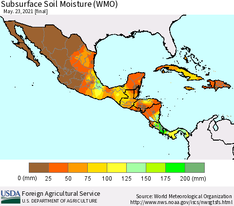 Mexico Central America and the Caribbean Subsurface Soil Moisture (WMO) Thematic Map For 5/17/2021 - 5/23/2021