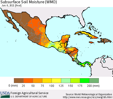 Mexico Central America and the Caribbean Subsurface Soil Moisture (WMO) Thematic Map For 5/31/2021 - 6/6/2021