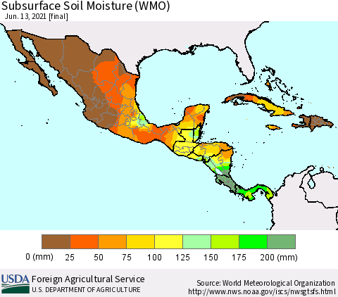 Mexico Central America and the Caribbean Subsurface Soil Moisture (WMO) Thematic Map For 6/7/2021 - 6/13/2021