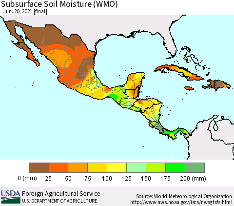 Mexico Central America and the Caribbean Subsurface Soil Moisture (WMO) Thematic Map For 6/14/2021 - 6/20/2021