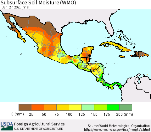 Mexico Central America and the Caribbean Subsurface Soil Moisture (WMO) Thematic Map For 6/21/2021 - 6/27/2021