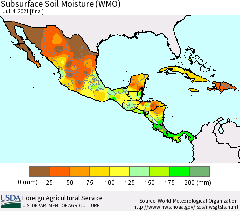 Mexico Central America and the Caribbean Subsurface Soil Moisture (WMO) Thematic Map For 6/28/2021 - 7/4/2021