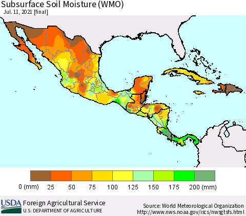 Mexico Central America and the Caribbean Subsurface Soil Moisture (WMO) Thematic Map For 7/5/2021 - 7/11/2021
