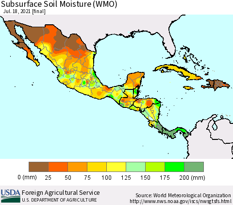 Mexico Central America and the Caribbean Subsurface Soil Moisture (WMO) Thematic Map For 7/12/2021 - 7/18/2021