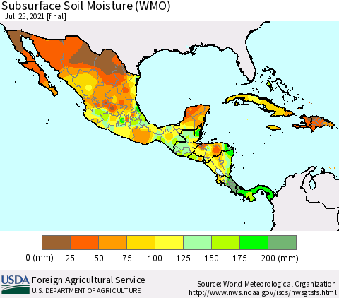 Mexico Central America and the Caribbean Subsurface Soil Moisture (WMO) Thematic Map For 7/19/2021 - 7/25/2021