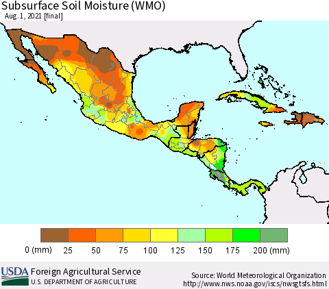 Mexico Central America and the Caribbean Subsurface Soil Moisture (WMO) Thematic Map For 7/26/2021 - 8/1/2021