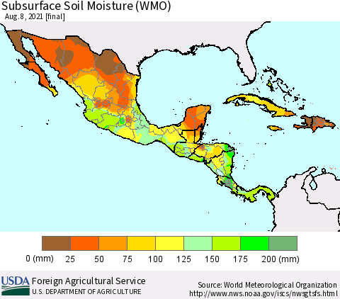 Mexico Central America and the Caribbean Subsurface Soil Moisture (WMO) Thematic Map For 8/2/2021 - 8/8/2021